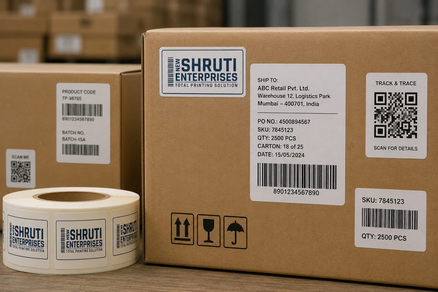 Printed barcode and QR code labels applied to a shipping carton