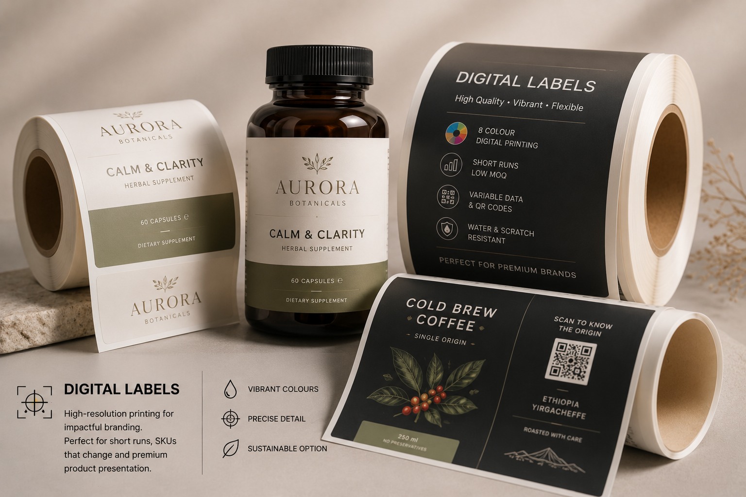Short-run digital labels with variable data, QR codes and vibrant colour print