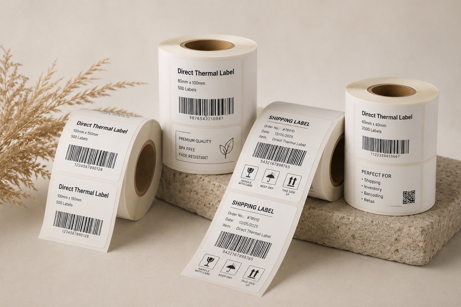 Direct thermal label rolls with shipping and barcode print samples