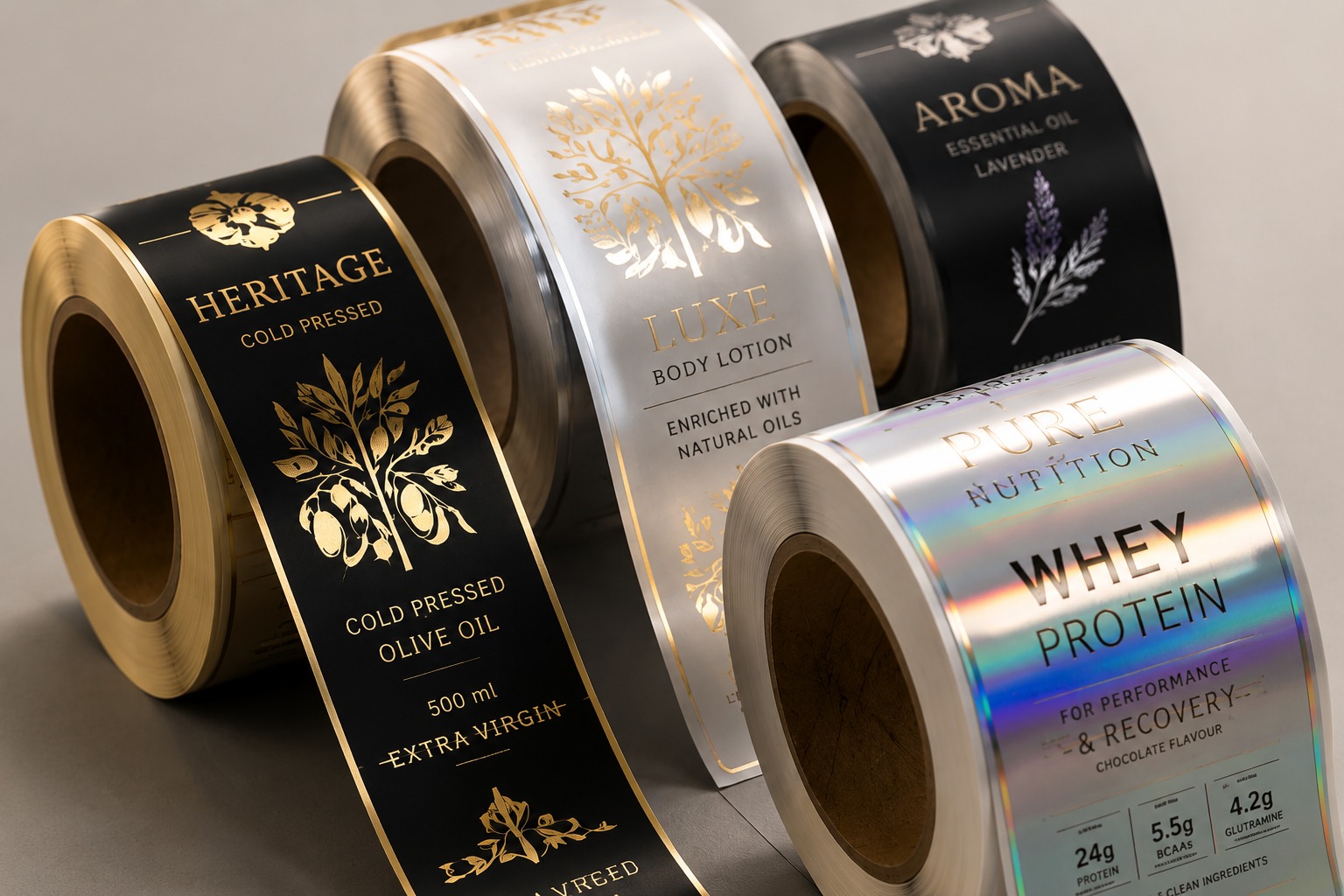 Premium label rolls with gold hot-foil and holographic cold-foil finishes