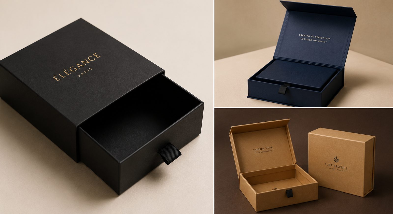 Premium rigid presentation boxes for luxury packaging with foil and matte finishes